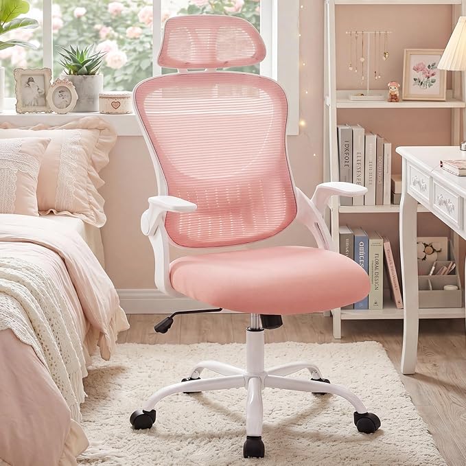 DUMOS Ergonomic Office Chair – High Back Mesh Computer Chair with Lumbar Support, Headrest, Flip-up Arms, and Swivel Wheels – Comfortable Gaming & Desk Chair for Home Bedroom Office,Pink