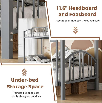 GarveeHome Metal Bunk Bed Twin Over Twin, Heavy Duty Bunkbeds Frame with Arched Guardrail and Safety Ladder, Sturdy Steel Bed for Kids Boys Girls, Space-Saving, No Box Spring Needed, Gray
