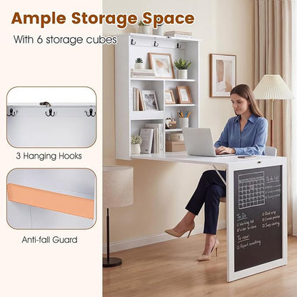 Tangkula Foldable Wall-Mounted Desk, Floating Desk with Chalkboard, Storage Shelves & Hooks, Space-Saving Murphy Table for Home Office, Bedroom, Dorm Room, Small Spaces