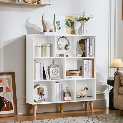 LEYAOYAO 8 Cube Bookshelf,3 Tier Bookcase with Legs,White Mid-Century Modern Bookshelves,Large Open Storage Organizer Shelf, Wooden Book Case