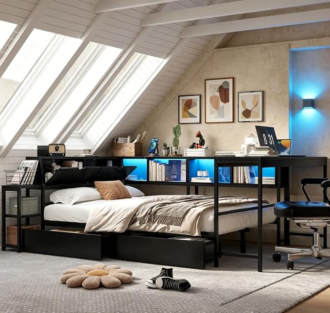 Bellemave Twin Corner Bed Frame with Desk and Storage, Twin Size cornner Bed with Charging Station and LED Light, Wood Daybeds with L-Shaped Bookcase and 2 Drawers, Black