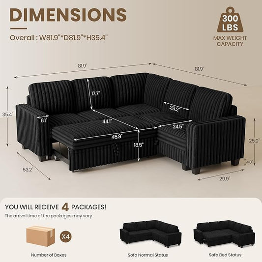 Belffin Plush Corduroy Modular Sectional Sofa with Pull Out Bed Convertible Small Sectional Corner Couch for Living Room Black Couch