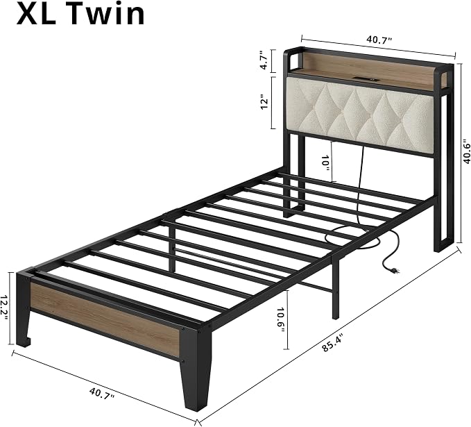 ANCTOR Twin XL Bed Frame, Storage Headboard with Charging Station, Platform Bed Frame with Strong Metal Support, Sturdy and Stable, Noise Free, No Box Spring Needed, Easy Assembly, Wood and Cream