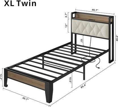 ANCTOR Twin XL Bed Frame, Storage Headboard with Charging Station, Platform Bed Frame with Strong Metal Support, Sturdy and Stable, Noise Free, No Box Spring Needed, Easy Assembly, Wood and Cream