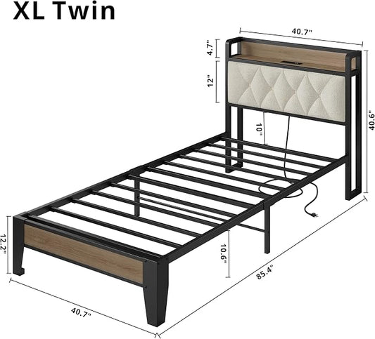ANCTOR Twin XL Bed Frame, Storage Headboard with Charging Station, Platform Bed Frame with Strong Metal Support, Sturdy and Stable, Noise Free, No Box Spring Needed, Easy Assembly, Wood and Cream