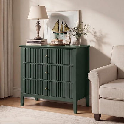 RoyalCraft Fluted 3 Drawer Dresser, 32 inch Wide Dresser Nightstand for Bedroom, Modern Wood Chest of Drawers, Large Painted Nightstand with 3 Drawers for Closet, Hallway, Entryway, Dark Green