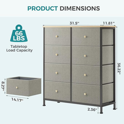 OLIXIS 8 Drawer Storage Dresser with Wood Top - Wide Fabric Chest Organizer for Bedroom, Closet, Living Room,Tower Cabinet, TV Stand, Hallway Entryway Furniture,Dark Green