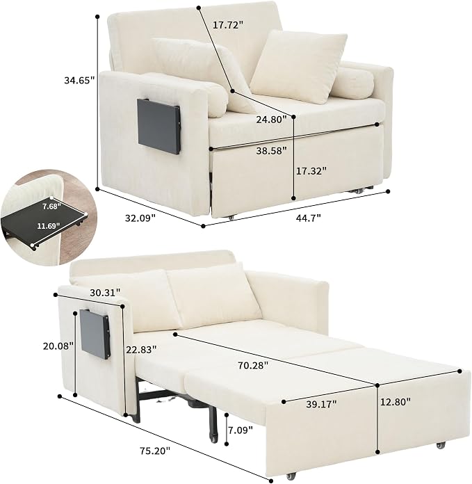 45" Oversize 3-in-1 Sleeper Chair Pull Out Bed, 75" Long Single Sleeper Sofa Bed with Wing Table and Side Pocket for Living Room, Bedroom, Small Space, Beige