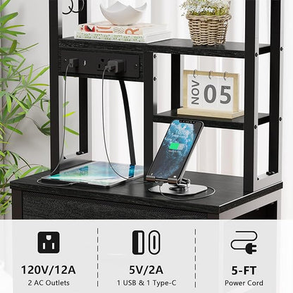 Furnulem Nightstands Set of 2, Tall Night Stand with Charger Station and USB Ports, 3 Fabric Drawers and Led Lights, Bed Side Table for Bedroom/Dorm/Office, Black Oak