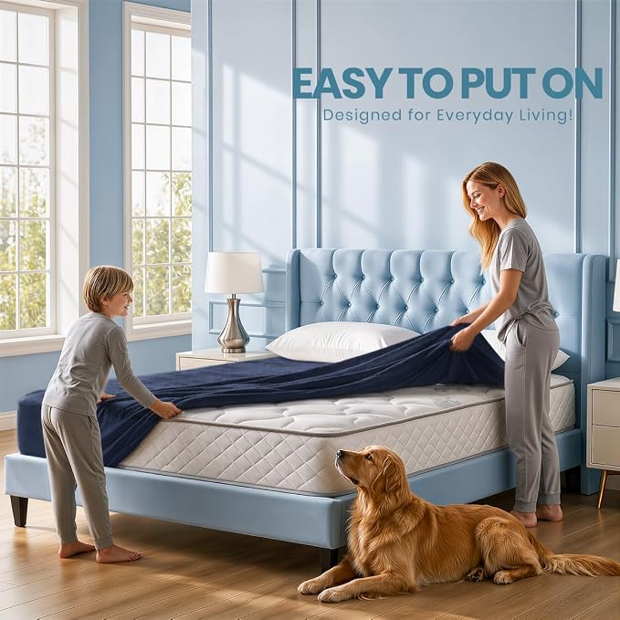 Queen Size Mattress Protector Waterproof, Premium 200 GSM Terry Mattress Cover, Soft & Breathable Bed Cover, Fitted Sheet Style Stretchable Deep Pockets 17" by Utopia Bedding (Navy Blue)