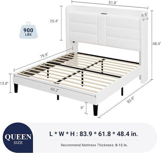 Allewie Queen Size Platform Bed Frame with Charging Station & Storage Headboard, Upholstered Velvet Wingback Design & USB Port, Strong Wooden Slats Support, No Box Spring Needed, Easy Assembly, White