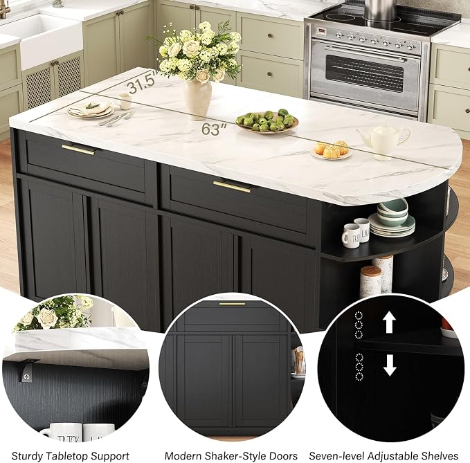 HSH 63” Large Kitchen Island with Seating, White Faux Marble Island Table with 2 Storage Drawers, Cabinets, 3 Open Shelves, Modern Counter Height Stationary Island Prep Table for Kitchen Dining Room