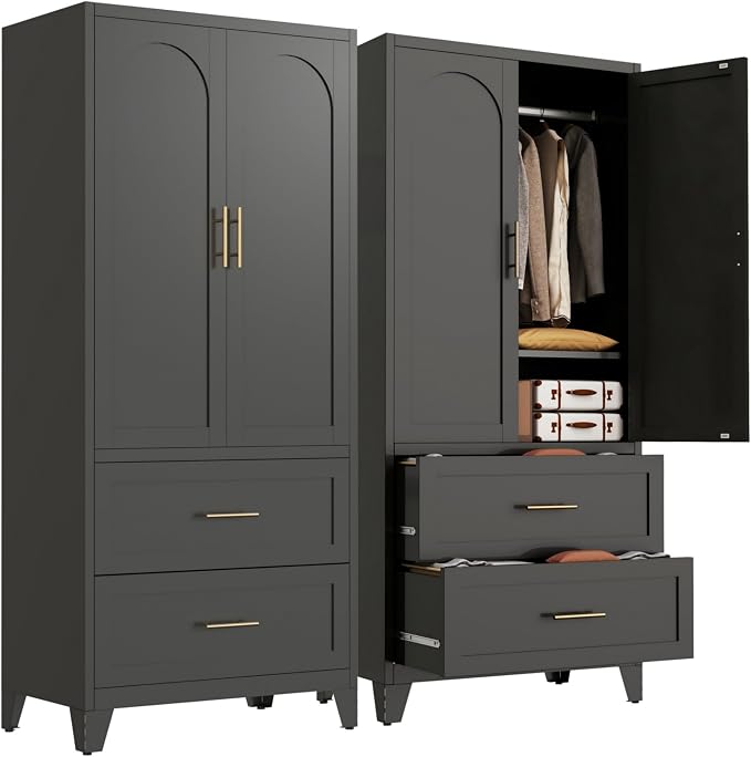 71" Tall Black Metal Storage Cabinet with 2 Doors, 2 Drawers, Interior Rail and Adjustable Shelf, Freestanding Utility Cabinet for Office, Laundry Room, Entryway, Garage and Home Storage