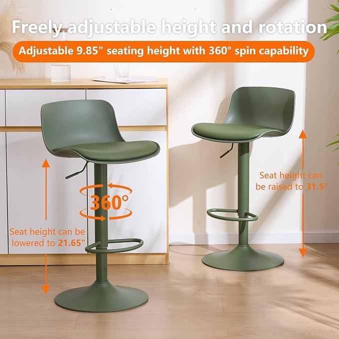 Kidol & Shellder Bar Stools Set of 4 Olive Green Adjustable Swivel Counter Height Stools, Modern PU Leather Upholstered with Back Solid Color Barstools for Kitchen Island