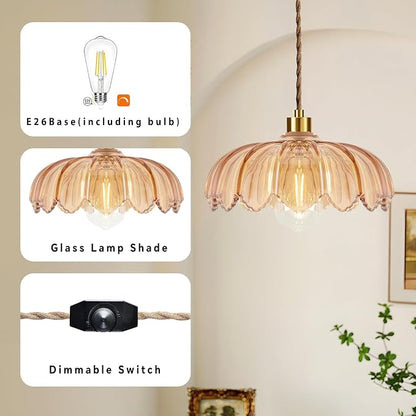 QIYIZM Plug in Pendant Light Hanging Lights with Plug in Cord Mid Century Modern Gold Hanging Lamp Glass Vintage Dimmable Flower Chandelier Ceiling Fixture for Living Room,Kitchen,Boho