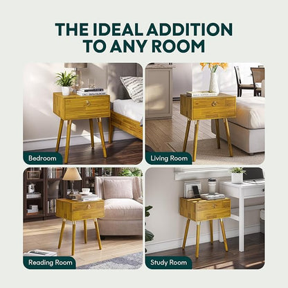 Bme Alden Wood Nightstand, Solid Wood End Table, Mid Century Modern Nightstand, Side Table with 1 Drawer, Compact for Bedroom, Living Room & Study Room, Easy Assembly, Honeyed Wood