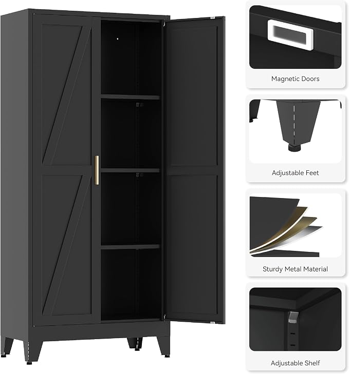 61”H Metal Kitchen Pantry Cabinet, Pantry Cabinets with 2 Doors and 3 Shelves, Kitchen Cabinet for Kitchen, Dining Room, Living Room and Bathroom, Black