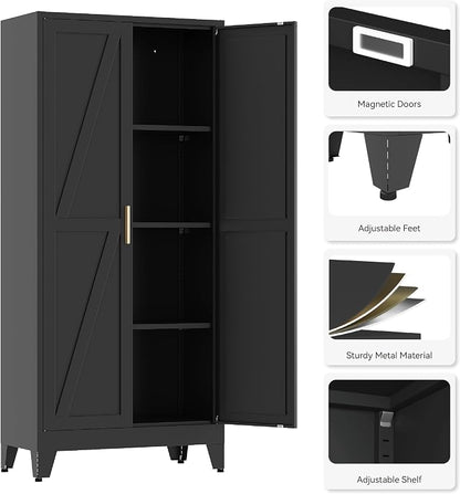 61”H Metal Kitchen Pantry Cabinet, Pantry Cabinets with 2 Doors and 3 Shelves, Kitchen Cabinet for Kitchen, Dining Room, Living Room and Bathroom, Black