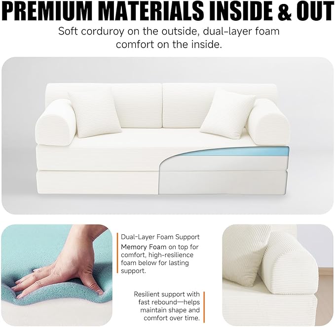 79" Corduroy Sofa Bed, Boneless Couch in a Box with 2 Pillows, High-Density Foam 4-in-1 Foldable Sleeper Futon Loveseat for Small Spaces, No Assembly, Side Pockets, Round Arm White