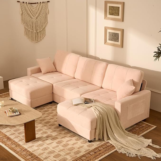 112" U Shaped Modular Cloud Sectional Couch, Waffle Fabric, Pink | Modular Deep Seat Sofa, Movable Ottoman, Pocket Spring Cushions, 2-Box Delivery, Living Room Lounge Use, Not Boneless