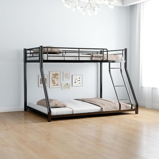 Metal Bunk Bed Twin Over Full Size with Removable Stairs, Heavy Duty Sturdy Frame with Full Length Safety Guardrail for Teen & Adults, Teens, No Box Spring Needed (Black)