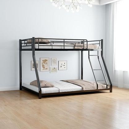 Metal Bunk Bed Twin Over Full Size with Removable Stairs, Heavy Duty Sturdy Frame with Full Length Safety Guardrail for Teen & Adults, Teens, No Box Spring Needed (Black)