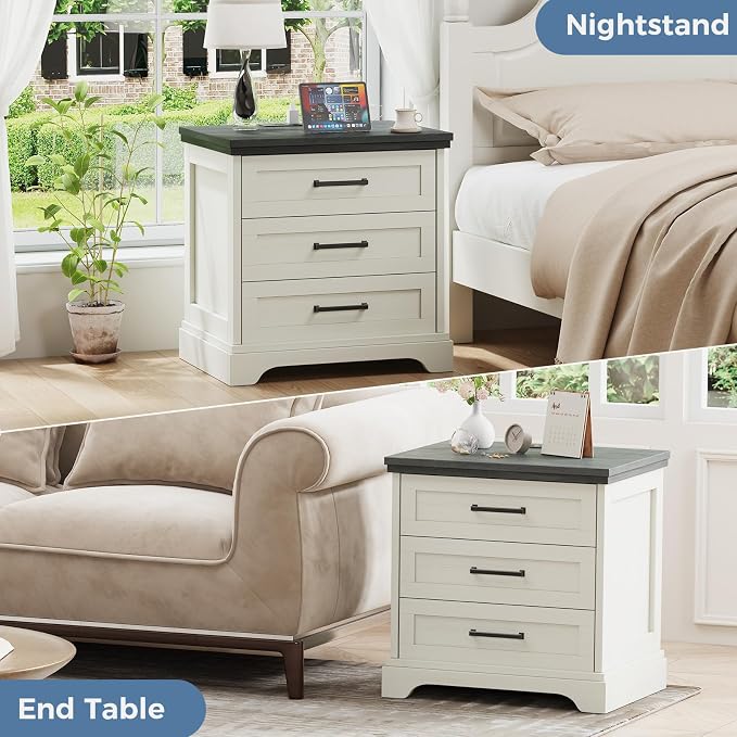 DUMOS Farmhouse Nightstand with Built-in Charging Station & USB Charging Ports, Sturdy Wood Bedside Table with 3 Spacious Storage Drawers, Minimalist Modern Small End Table for Bedroom, White