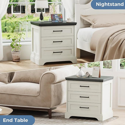 DUMOS Farmhouse Nightstand with Built-in Charging Station & USB Charging Ports, Sturdy Wood Bedside Table with 3 Spacious Storage Drawers, Minimalist Modern Small End Table for Bedroom, White
