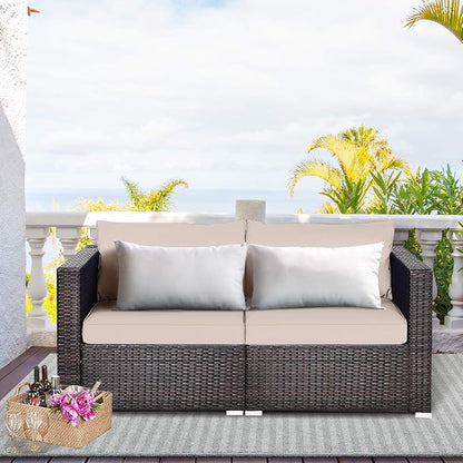 Tangkula Wicker Loveseat 2 Piece, Patio Furniture Couch with Removable Cushions, Rattan Loveseat Sofa for Balcony, Deck, Garden and Poolside