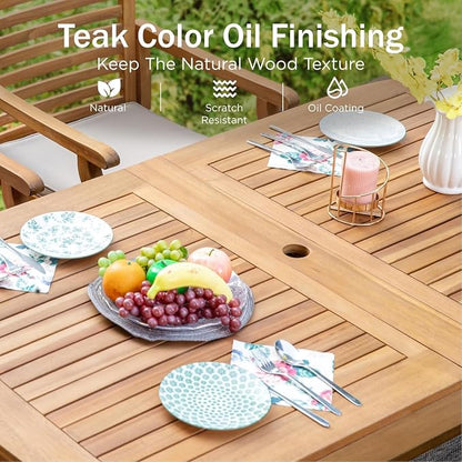 PHI VILLA Teak Outdoor Table, Expandable Wood Table w/Umbrella Hole | Large rectangle acacia wood table for 6-8. Perfect for patio, deck, porch, backyard