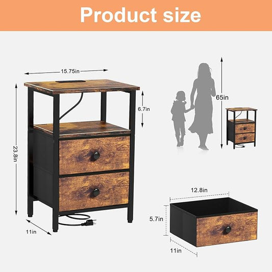 Nightstand with Charging Station, Bedside End Table with 2 Fabric Drawers for Bedroom, Side Table with USB Ports and Outlets, Rustic Brown