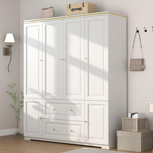 Bedroom Armoire Wardrobe Closet with Drawers: White Wardrobe Closet for Hanging Clothes, Large Wardrobes Storage Closets, Wood Closets Cabinets with Doors and Shelves (White, 59")
