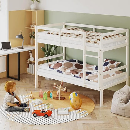 NAFORT Bunk Bed Twin Over Twin, Solid Wood Bunk Bed with Ladder and Safety Rails, Wooden Bed Frame for Kids Teens or Guests, Space-Saving Furniture for Bedroom Dorm, White