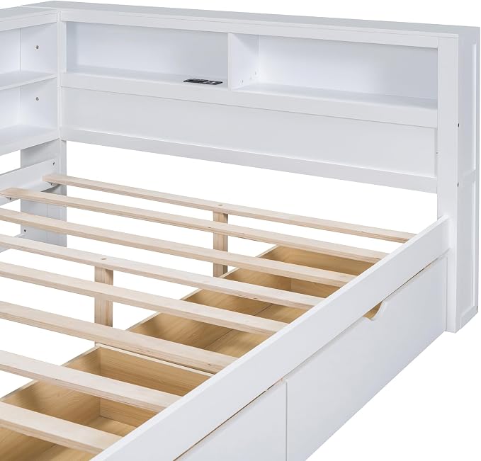 Bellemave Full Corner Bed Frame, Wood Full Size Daybed with L-Shaped Bookcase and 2 Drawers，Daybed with Storage Cabinets, White