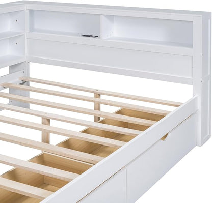 Bellemave Full Corner Bed Frame, Wood Full Size Daybed with L-Shaped Bookcase and 2 Drawers，Daybed with Storage Cabinets, White