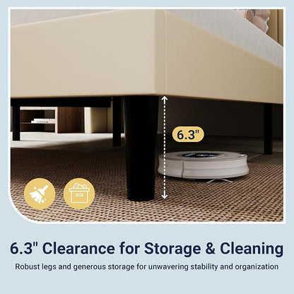 Allewie Full Size Platform Bed Frame with USB Charging Station and Storage Shelf/Upholstered Velvet Wingback Headboard/Wooden Slats Support/No Box Spring Needed/Easy Assembly, Cream