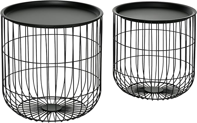 HOMCOM Nesting Coffee Tables, Round Coffee Table Set of 2 with Steel Wired Basket Body and Removable Top, Stacking End Tables Blanket Storage for Living Room, Black