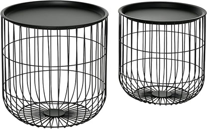 HOMCOM Nesting Coffee Tables, Round Coffee Table Set of 2 with Steel Wired Basket Body and Removable Top, Stacking End Tables Blanket Storage for Living Room, Black