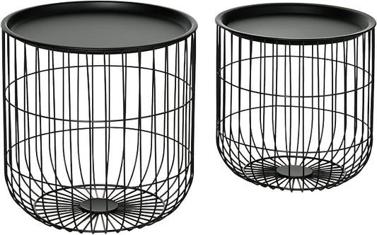 HOMCOM Nesting Coffee Tables, Round Coffee Table Set of 2 with Steel Wired Basket Body and Removable Top, Stacking End Tables Blanket Storage for Living Room, Black