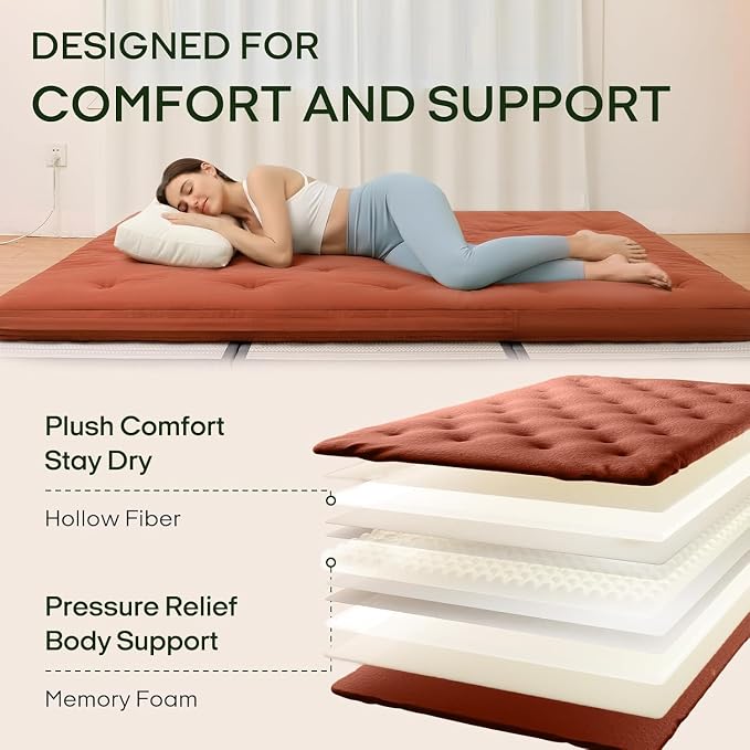ZonLi Japanese Floor Futon Mattress King Size 76"x 80",100% Cotton Cover 4'' Thicken Tatami Mattress,Foldable Sleeping Pad,Portable Dormitory Tatami Mat,Roll Up Floor Lounger Bed for Adult (Cinnamon)