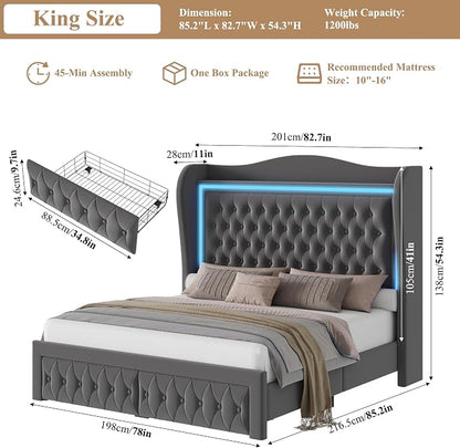 King Bed Frame 55" Tall Headboard with LED Lights, Buttons Tufted Velvet Upholstered Platform Bed Frame with 2 Storage Drawers, Wood Slats Support Mattress Foundation, No Box Spring Needed, Grey