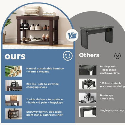 DUMOS Wooden Shoe Rack Bench with Storage, 3-Tier Bamboo Entryway Benches, Shoe Rack Holds Up to 286 lb Storage Organizer, 11.3 x 27.6 x 17.8 Inches, Suitable for Bedroom Living Room Balcony, Brown