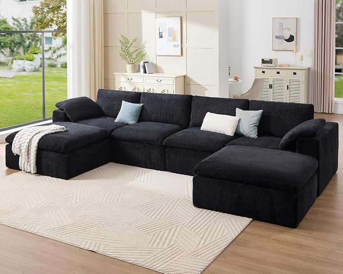 Jocisland 153" Cloud Couch Sectional, No-Assembly Modular Sectional Sofa with 76.4 inch Deep Chaise, Oversize Cloud Couch for Living Room, Black Chenille