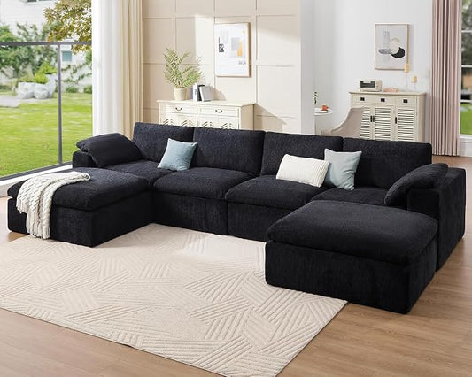 Jocisland 153" Cloud Couch Sectional, No-Assembly Modular Sectional Sofa with 76.4 inch Deep Chaise, Oversize Cloud Couch for Living Room, Black Chenille