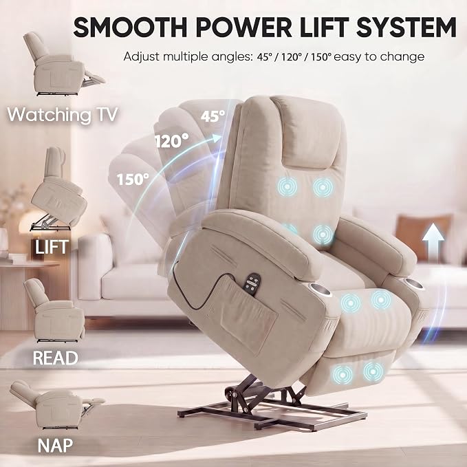 Flamaker Power Lift Chair Massage Recliner Chairs for Elderly - Ergonomic Design with Cup Holders & Side Pockets, Remote Control (Beige)