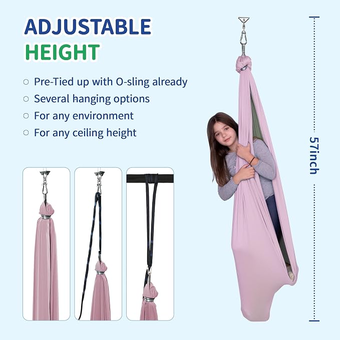 OUTREE Sensory Swing, Double Layer Therapy Swing with 360° Swivel Hanger, Healing & Relaxing Cuddle Sensory Swing for Kids and Adults with Autism, ADHD, Sensory Processing Disorder(Pink and Gray)