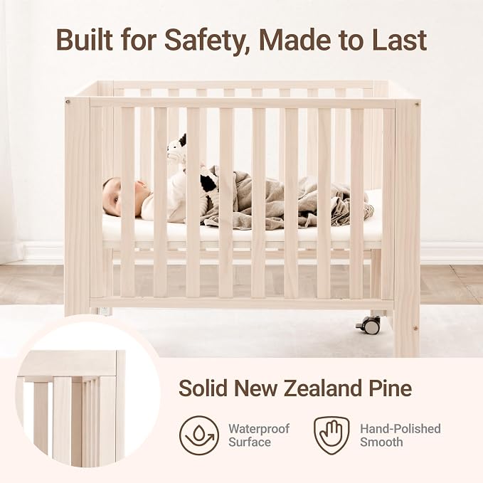 MAMAZING EvoNest 6-in-1 Convertible Baby Mini Crib with Wheels, GREENGUARD Gold Certified, 4 Adjustable Mattress Heights, 100% New Zealand Pine Wood, Portable Crib for Small Spaces, Washed Natural