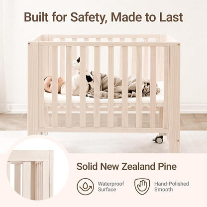 MAMAZING EvoNest 6-in-1 Convertible Baby Mini Crib with Wheels, GREENGUARD Gold Certified, 4 Adjustable Mattress Heights, 100% New Zealand Pine Wood, Portable Crib for Small Spaces, Washed Natural