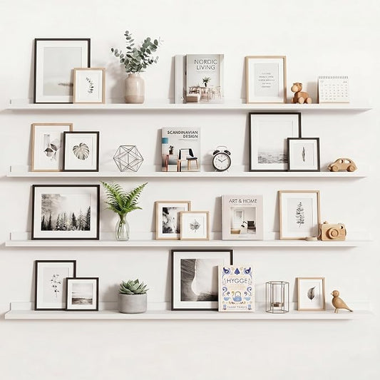 Axeman 72 Inch Floating Shelves | White Picture Ledge Shelf Set of 4 | Rustic Wood Wall Shelves with Lip | 72" White Picture Shelves for Wall with Ledge | Photo Shelves