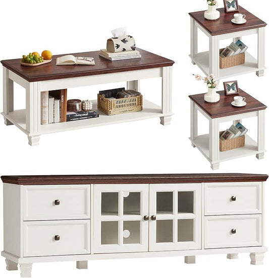 SAVOR LIFE Farmhouse TV Stand and Coffee Table Set 4, Rustic Wood Living Room Table Set with TV Console, Center Table, End Table Set of 2 for Living Room, White